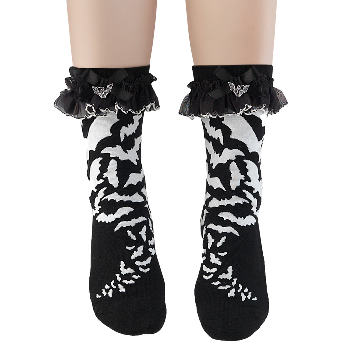 Ruffle Bat Print Socks - Demonia Cult